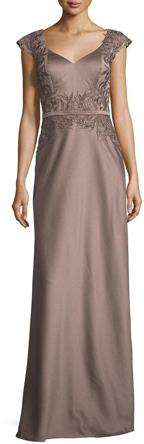 Hochzeit - La Femme Embellished Faille Cap-Sleeve Gown, Cocoa