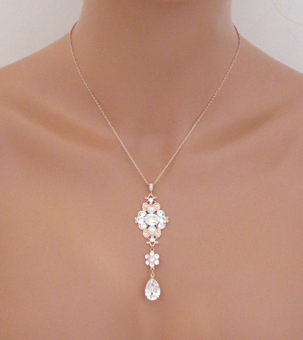 زفاف - Rose Gold Bridal necklace, Simple Wedding necklace, Wedding jewelry, Swarovski crystal necklace, Pendant necklace, Vintage style, ASHLYN