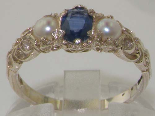 زفاف - English Solid 925 Sterling Silver Natural Blue Sapphire & Freshwater Pearl Victorian 3 Stone Trilogy Ring - Customize:9K,14K,18K Gold