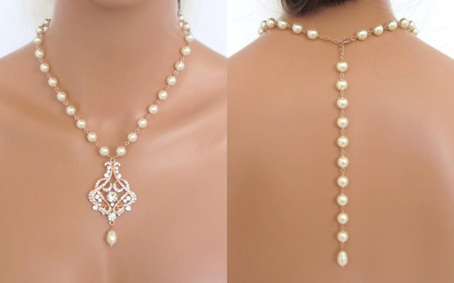 زفاف - Rose Gold Backdrop necklace, Wedding necklace, Rose Gold Bridal necklace, Wedding jewelry, Pearl necklace, Pearl backdrop, VICTORIA