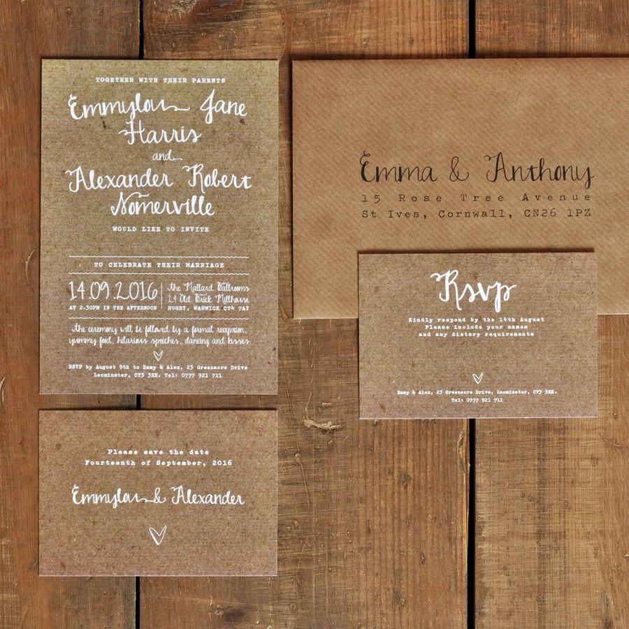 Mariage - White Calligraphy Kraft Effect Rustic Wedding Invitation Set - wedding invites, Wedding invitations UK Wedding invitations Australia