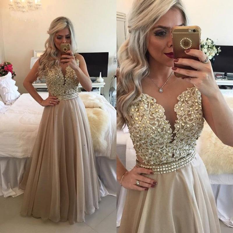 Wedding - Elegant Pearls Appliqued Champagne Prom Dress Floor Length Chiffon Party Dresses 2016 Online with $100.53/Piece on Hjklp88's Store 