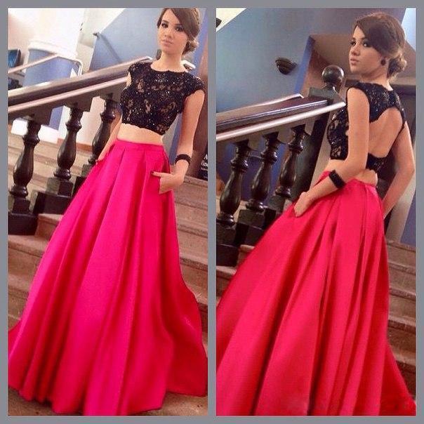 Hochzeit - 2016 Two Pieces New Arrival Fuchsia Black Prom Dresses Cap Sleeves Lace Beaded Top Satin Floor Length Party Evening Gowns Online with $92.99/Piece on Hjklp88's Store 
