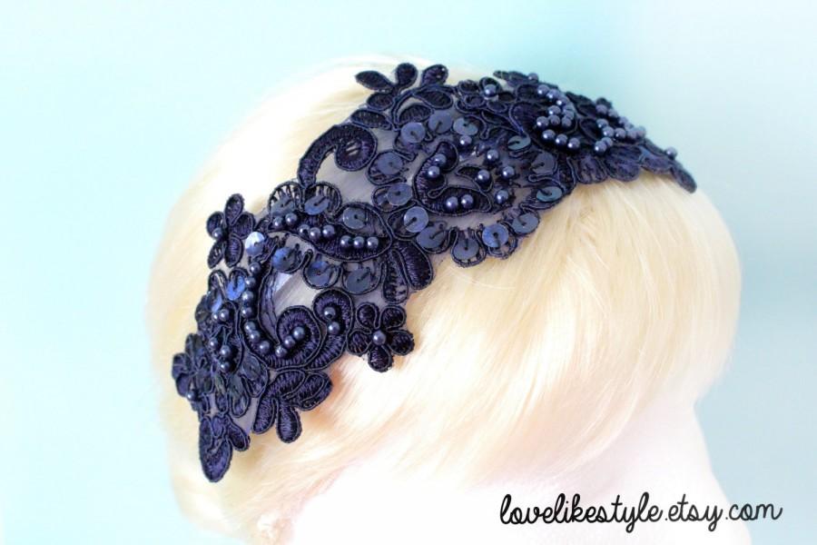 Hochzeit - Navy Lace and Pearl Beading Flower Lace Headband, Bridal Headband, Bridesmaid Headband, Navy Headband