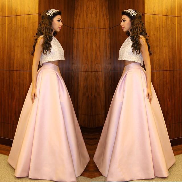 Свадьба - Two Pieces 2016 Myriam Fares Evening Party Dresses Jewel Neck Satin Floor Length Prom Gowns Formal Dresses Online with $131.52/Piece on Hjklp88's Store 