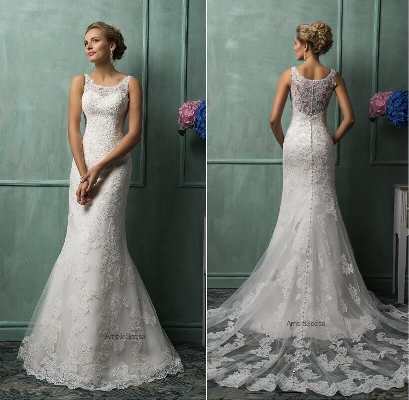 Wedding - Amelia Sposa 2015 Mermaid Wedding Dresses Vintage Bateau Neck Lace Appliqued Sheer Back Tulle Court Train Church Bridal Gowns 2016 Online with $109.95/Piece on Hjklp88's Store 