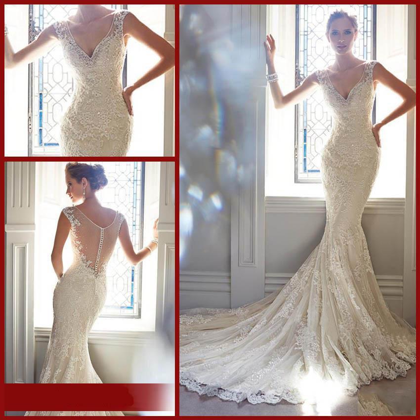 Свадьба - Sexy Perfect Lace Wedding Dresses Bridal Gowns Mermaid V Neck Chapel Train Lace Tulle Beads Foraml Bride Dresses W0731 Online with $106.03/Piece on Hjklp88's Store 