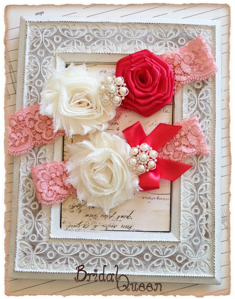 Hochzeit - Wedding Garter Set, Bridal Garter Set, Lace Wedding Garter, Keepsake Garter, Toss Garter - Peach lace, Ivory and Hot Pink Flowers