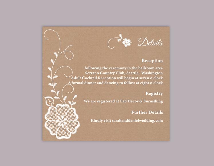 Hochzeit - DIY Lace Wedding Details Card Template Editable Word File Download Printable Burlap Vintage White Details Card Floral Rustic Enclosure Card