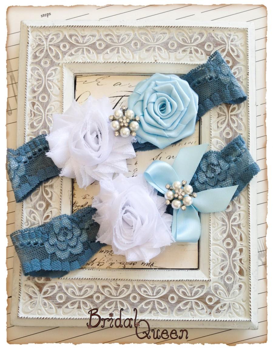 Hochzeit - Lace Wedding Garter Set, Lace Garters, Bridal Garter Set, Shabby Chic Garter Set, Something Blue - Smoking Blue Lace, Baby Blue Flowers