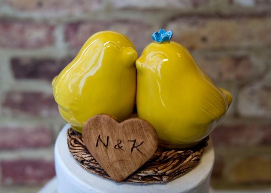 Wedding - Yellow Love Bird Cake Topper with Heart