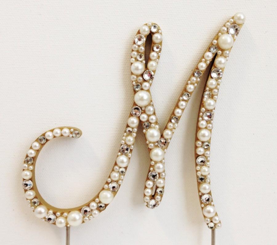 Wedding - Elegant Font Pearls and Rhinestones Monogram Cake Topper (Font 4) - Any Letter A B C D E F G H I J K L M N O P Q R S T U V W X Y Z