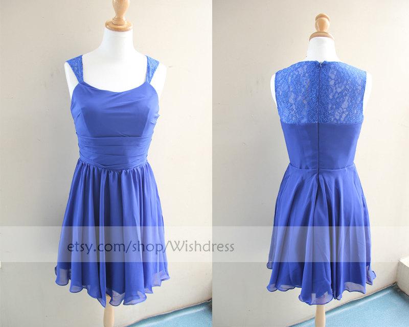 Свадьба - Sales!  Illusion Lace Top Royal Blue Short Bridesmaid Dress/ Cocktail Dress/ Wedding Party Dress/ Short Prom Dress/ Homecoming Dress