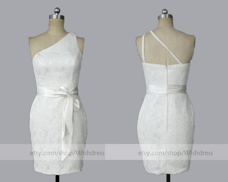 زفاف - One-shoulder White Lace Bridesmaid Dress With Sash/ Cocktail Dress/Short Prom Dress/ Formal Dress/ Homecoming Dress from Wishdress