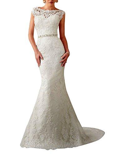 Wedding - Lace Cap Sleeve Mermaid with Crystal Belt Wedding Dress
