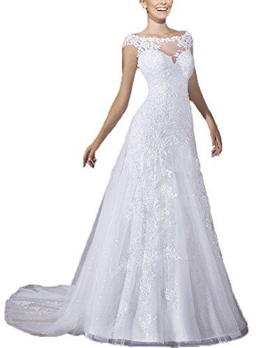 Hochzeit - A Line Tulle Cap Sleeve Wedding Gown