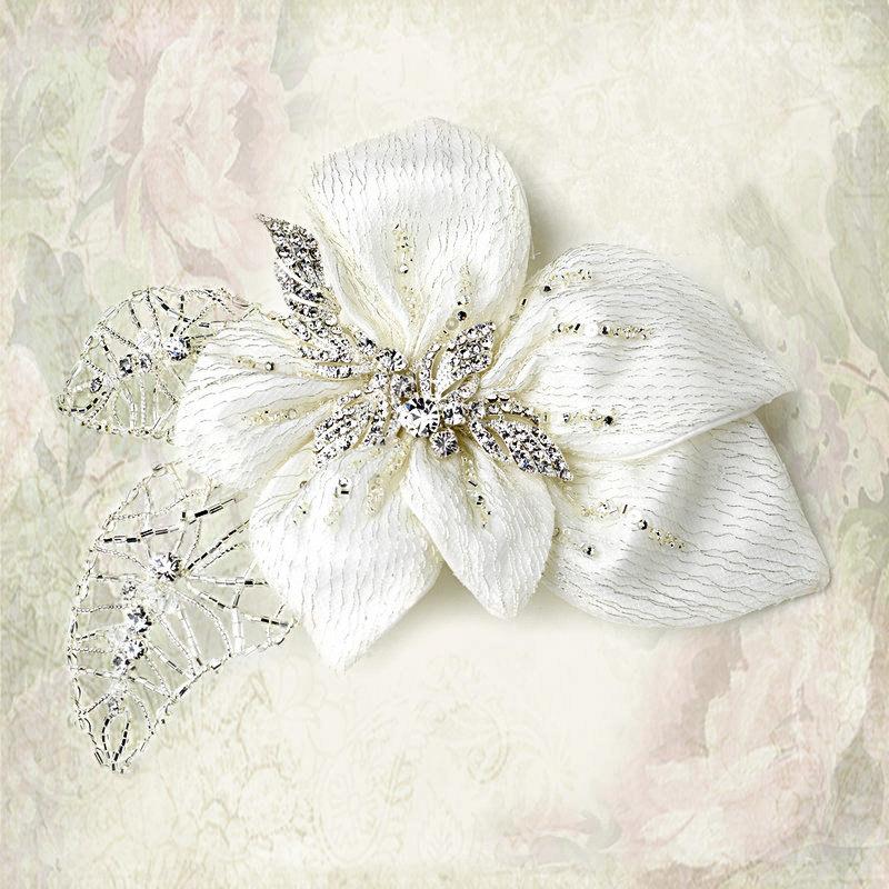 Mariage - Rhinestone Flower hair clip -  silver & Ivory Fabric Accented with Crystals and Bugle Beads