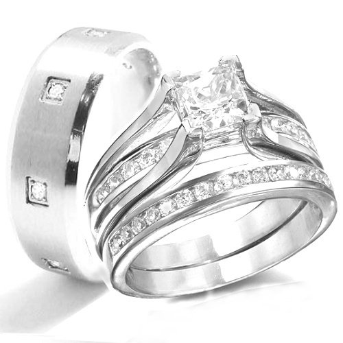 Wedding - His & Her 3 pc Women STERLING SILVER, Men STAINLESS STEEL Engagement Wedding Rings Set