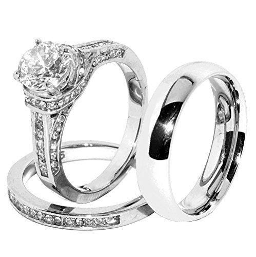 Wedding - His & Hers 3 PCS Brilliant Cut Clear CZ Womens Stainless Steel Wedding Set w/ Mens Matching Band