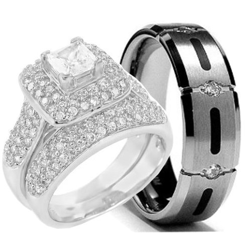 زفاف - His and Hers 925 Sterling Silver Titanium Engagement Wedding Rings Set