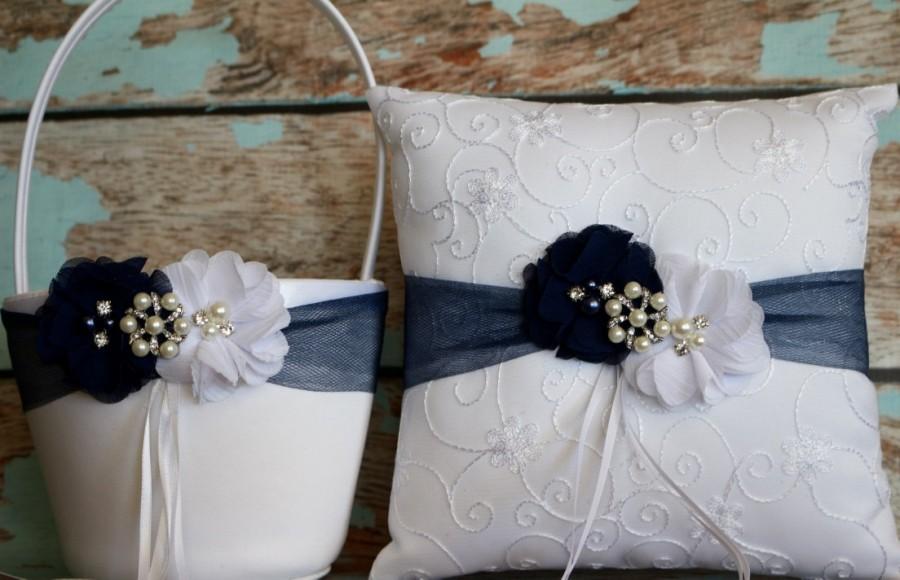 Wedding - Flower Girl Basket and Ring Bearer Pillow Set , Navy Blue Ring Bearer Pillow , Flower Girl Basket , Wedding Pillow