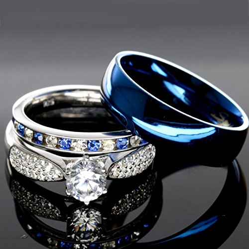 Wedding - His and Hers 925 Sterling Silver Blue Sapphire Stainless Steel Wedding Rings Set