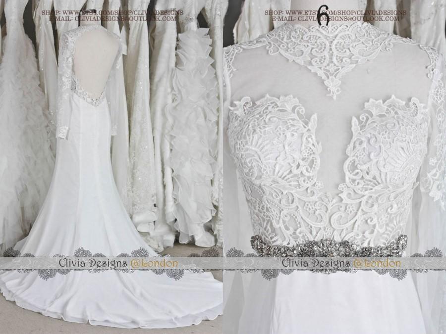 Hochzeit - Sexy Long Sleeve High Neck Open Back Mermaid Lace Chiffon Wedding Dress, Backless Silk Chiffon Wedding Dress, Beach Wedding Dress W555