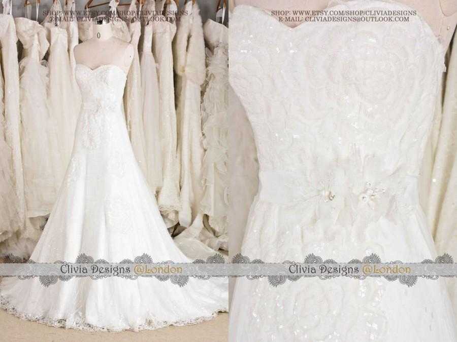 Hochzeit - Sparking Strapless Sweetheart Sequins Lace A-line Wedding Dress,Sequins Wedding Dress,Lace Wedding Dress, Lace Wedding Gown W516