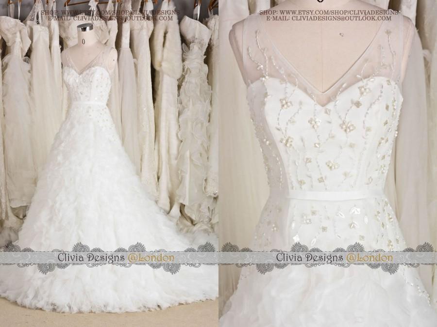 زفاف - Fairy Tale V neckline Beading Tulle Ruffles Wedding Dress, Crystal Beading Wedding Dress Wtih Tiered Ruffles Tulle Skirt  W519