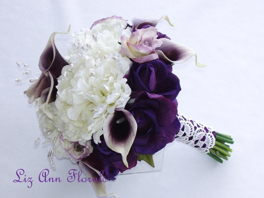 زفاف - SILK WEDDING BOUQUET Real Touch Purple Picasso Calla Lilies , Real Touch Purple Roses, Silk Peonies,Vintage Inspired, Wedding Bouquet