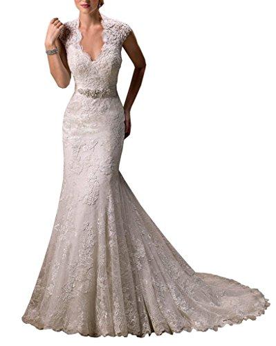 Mariage - Cap Sleeves V-Neck Lace Wedding Gown
