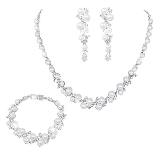 Wedding - Simulated Pearl and Austrian Crystal Necklace, Earrings, and Bracelet Set