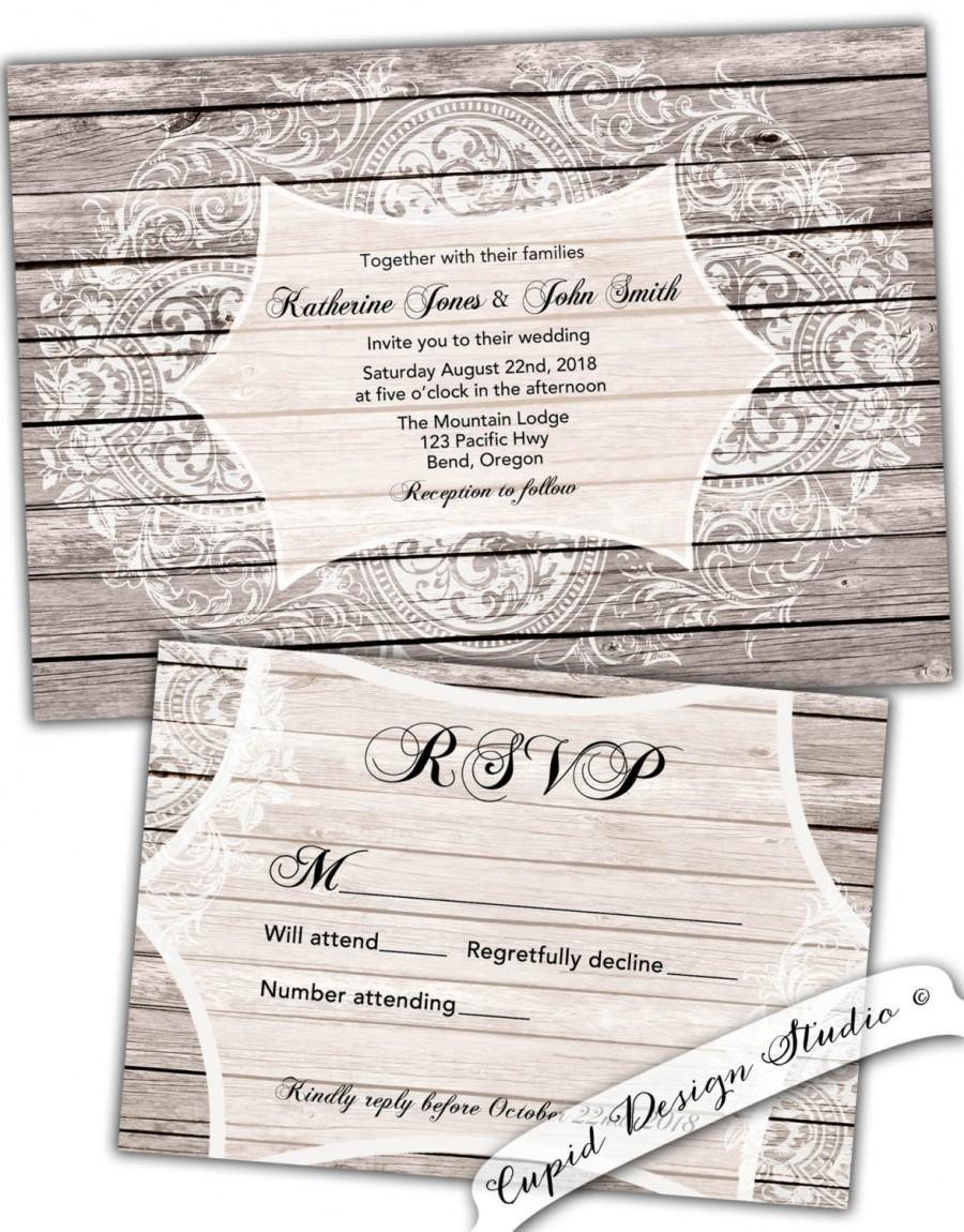 Wedding - Lace and wood wedding invitations. Rustic wood wedding invitations. Printable rustic Wedding Invitations. Diy wedding invites.