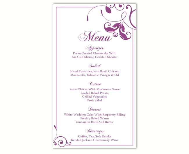 Mariage - Wedding Menu Template DIY Menu Card Template Editable Text Word File Instant Download Eggplant Menu Floral Menu Template Printable 4x7inch