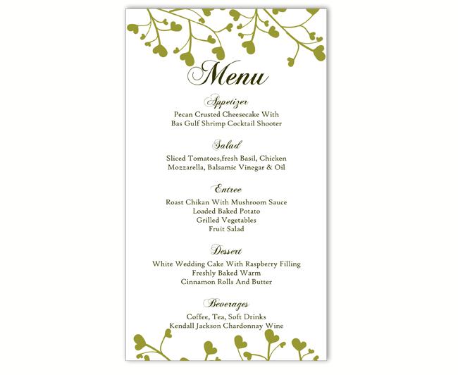 Mariage - Wedding Menu Template DIY Menu Card Template Editable Text Word File Instant Download Green Menu Heart Menu Template Printable Menu 4x7inch