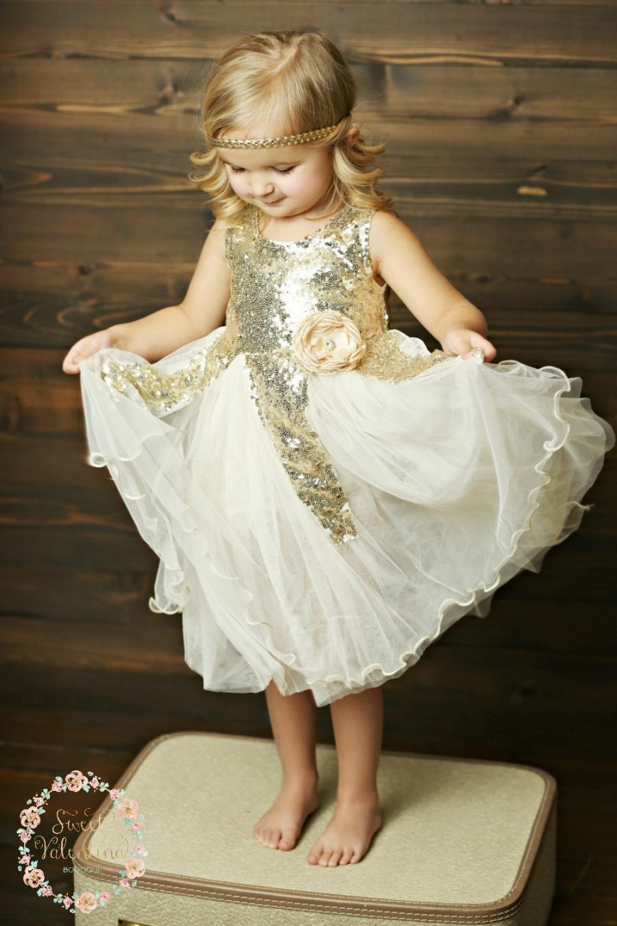 زفاف - Gold sequin Flower girl dress, Ivory and gold dress, Flower girl dresses, Birthday dress, Rustic Flower girl dress, Gold Tulle dress
