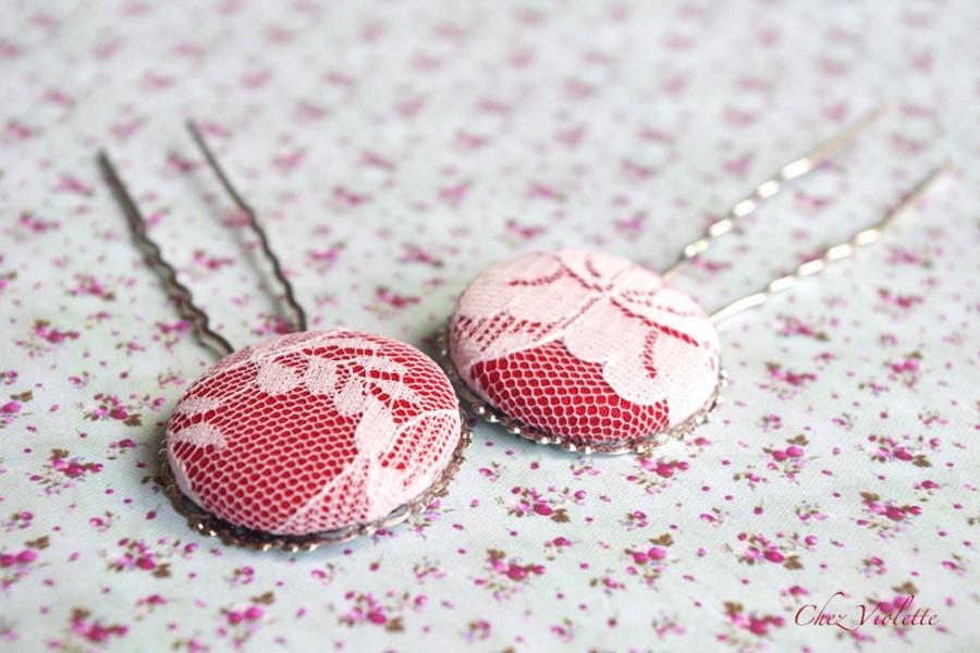Свадьба - Wedding Hair accessories romantic hairpins Bridesmaid Hair Pins bun fork Pink Red lace hair clip Wedding Headpieces