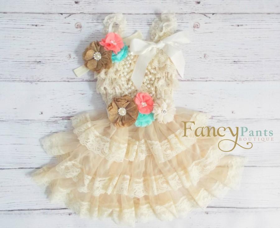 زفاف - Flower girl dress, burlap, coral and mint flower girl dress, rustic flower girl, country wedding, birthday dress, toddler dress, lace dress