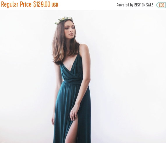 زفاف - Oscar SALE Green forest straps wrap dress, Emerald bridesmaids dress with a slit