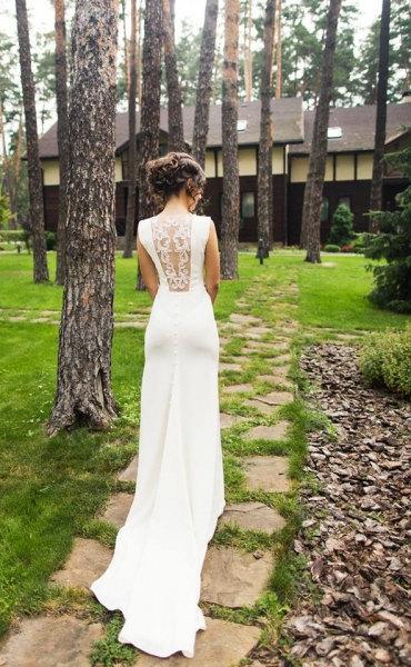 Hochzeit - Ivory Crepe Long Wedding Dress With Open Back and Handmade Embellishments, Bridal Dress with Train L12, Romantic and Classic bridal dress