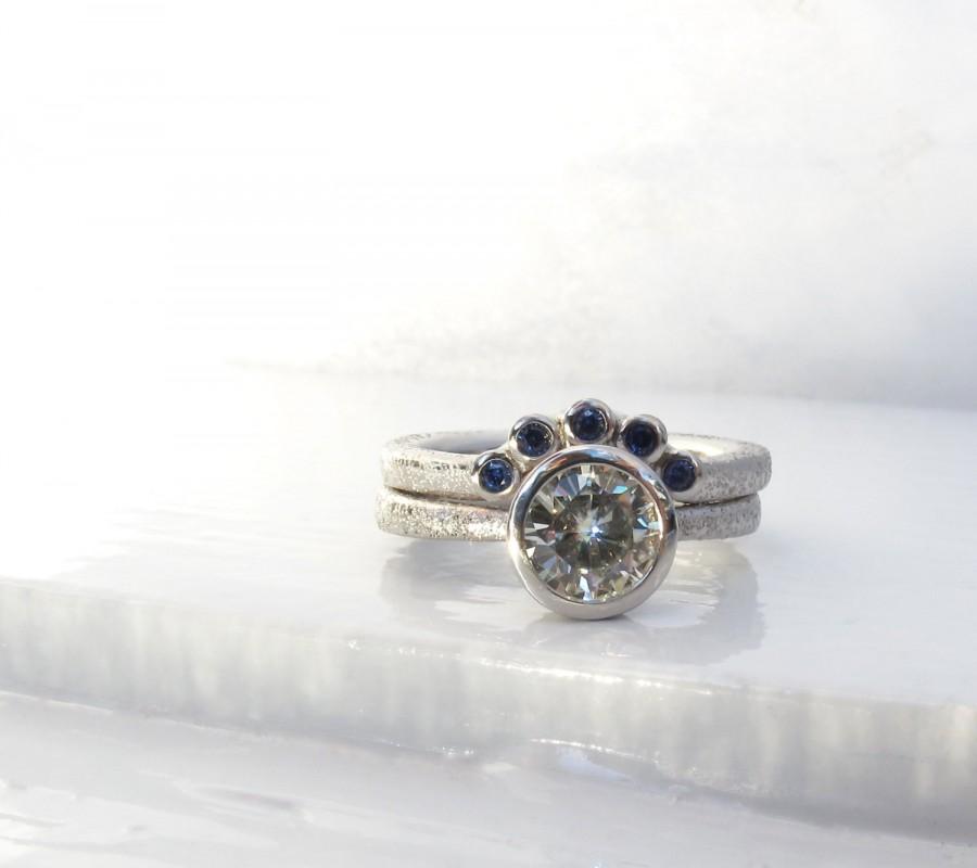 زفاف - Star dust low profile engagement ring and fitted wedding band moissanite and sapphire