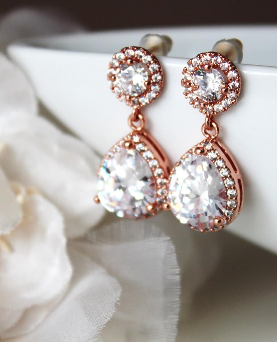 زفاف - Rose Gold Bridal Earrings Pink Gold Wedding Jewelry rose gold earrings dangle teardrop Cubic Zirconia post Earrings Bridal jewelry