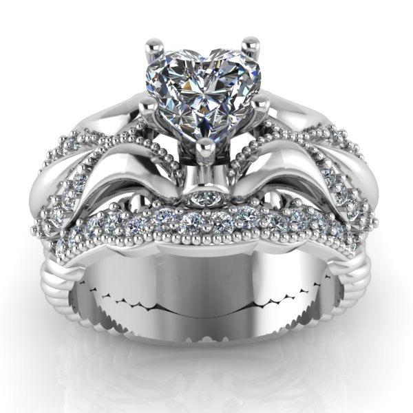 زفاف - Art Deco Ring -  Antique Style Sterling Silver  Heart Floral  Engagement  Wedding Anniversary and Promise Solitaire Ring Set