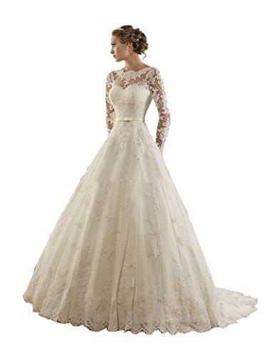 Mariage - Jewel Lace Applique Long Sleeves Sash Chapel Train A Line Wedding Dress