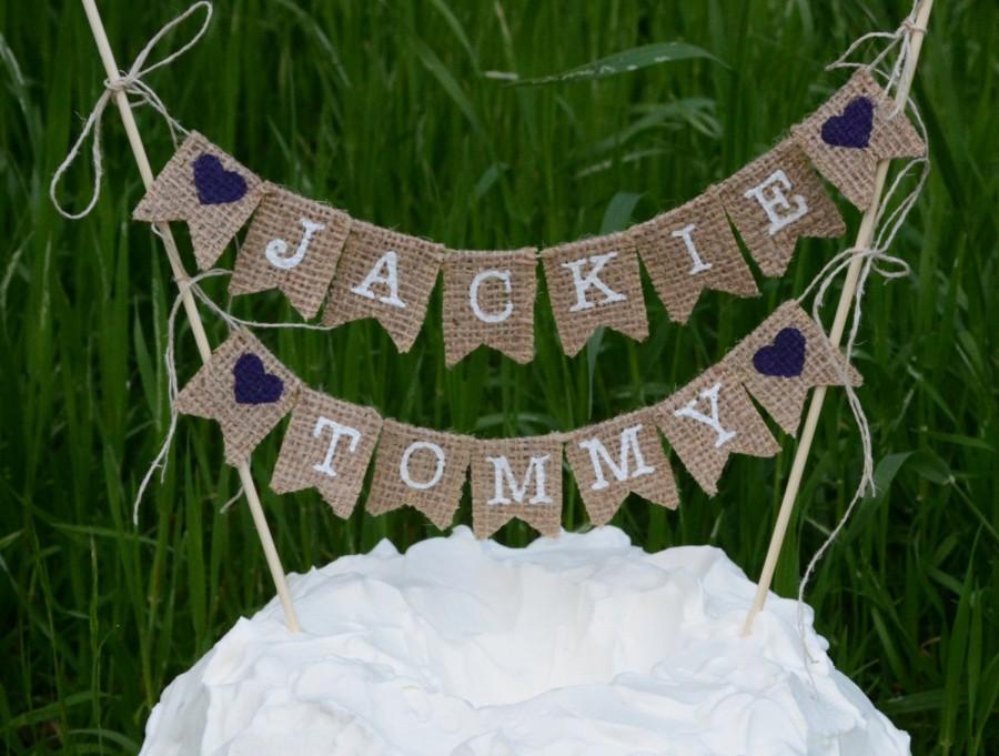 Mariage - Customized Mini Burlap Banner Cake Topper with Hearts For Wedding Shower Cake, Wedding Cake, Bachelorette Party Cake, Baby Shower Cake