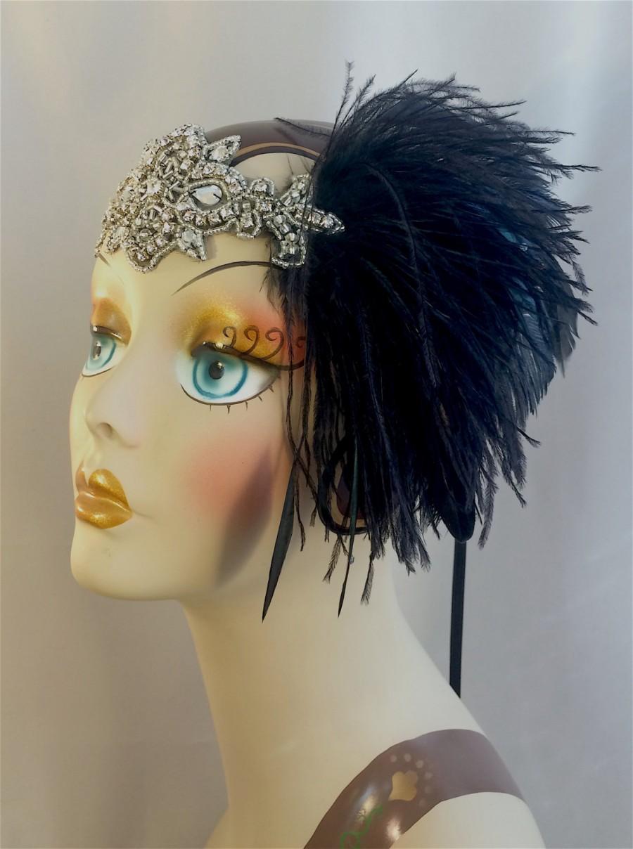 زفاف - Great Gatsby Headband, Downton Abbey, Art Deco Flapper Headband, 1920s Headpiece, 1920s Flapper, Black and Silver Headband, SHIP READY