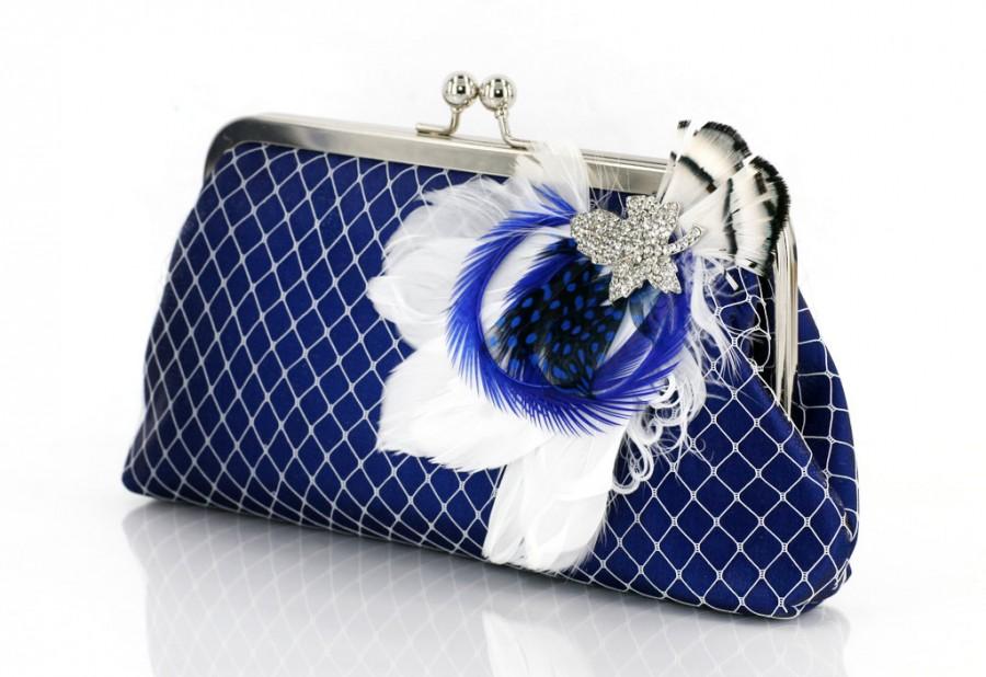 Mariage - Royal Blue Bridesmaids or Bridal Clutch with Rhinestone Feather Brooch 8-inch PASSION