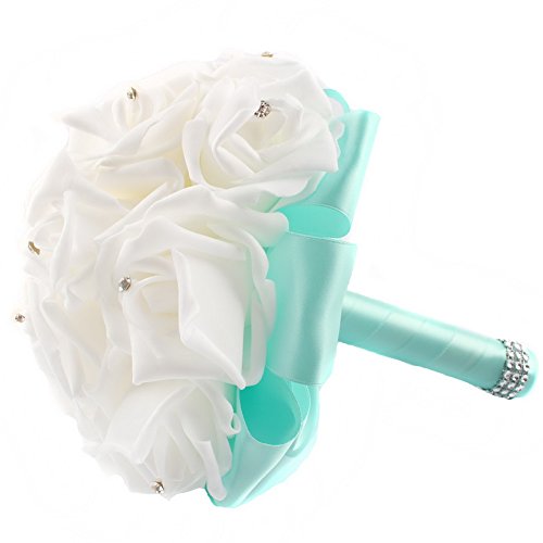 زفاف - Tiffany Blue Crystal Roses Pearl Bridal Bouquet