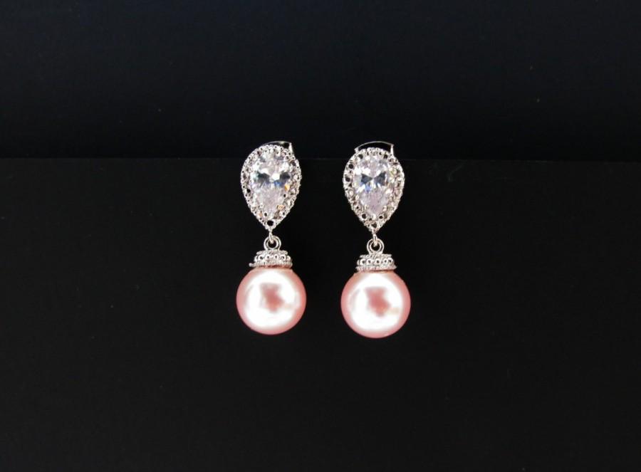 زفاف - pink bridal earrings , pink bridesmaids pearl set , swarovki pearl earrings , baby pink pearl earrings , pink pearl drop earrings , bridal