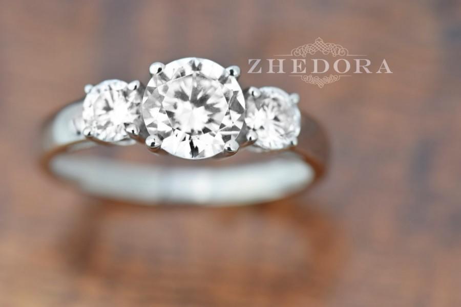 زفاف - 1.50 CT Three Stone Halo Round Engagement Ring 14k or 18K SOLID White Gold Bridal Band , Triple Stone , Anniversary Ring